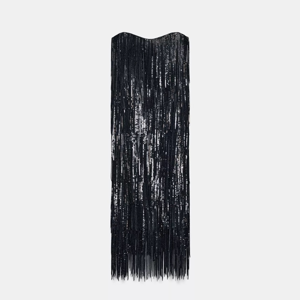 Zara Limited Edition SEQUIN FRINGE Black Midi DRESS sz.XS - Picture 10 of 15